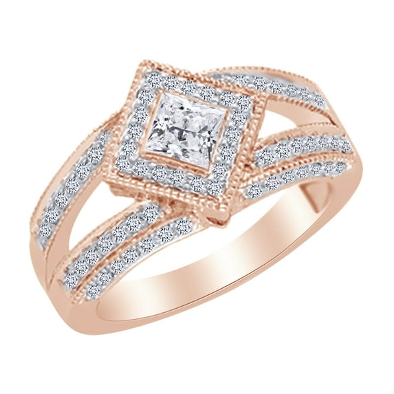 AFFY White Natural Diamond Vintage Style Shank Engagement Ring in 14k Rose Gold (0.75 Cttw) Ring Size : 4