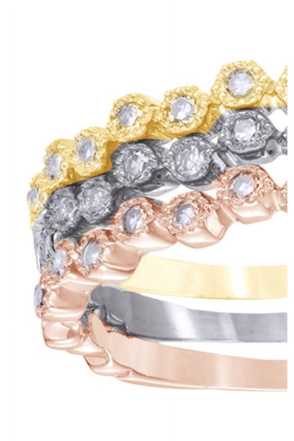 White Natural Diamond Vintage Style Stackable Three Ring Set in 10K Tri-Tone Rose Gold