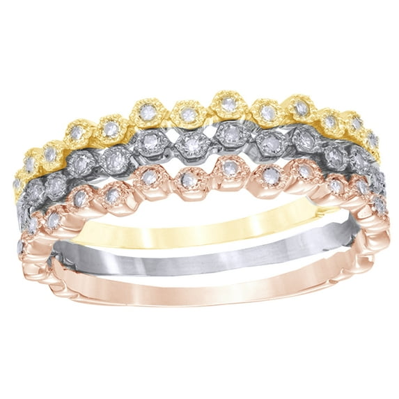 AFFY White Natural Diamond Vintage Style Stackable Three Ring Set in 10K Tri-Tone Rose Gold