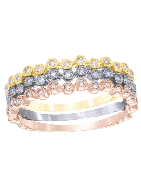 White Natural Diamond Vintage Style Stackable Three Ring Set in 10K Tri-Tone Rose Gold