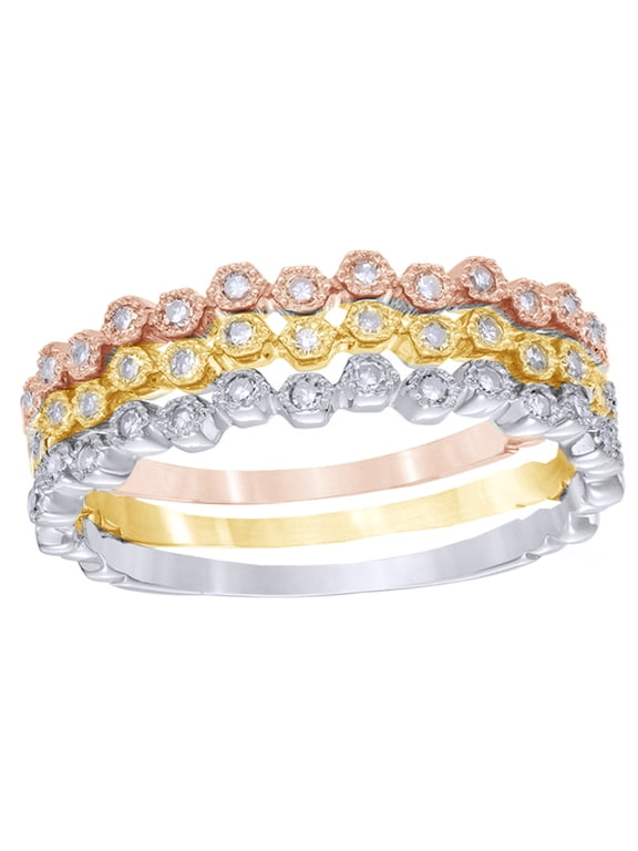 White Natural Diamond Vintage Style Stackable Three Ring Set in 10K Tri-Tone White Gold