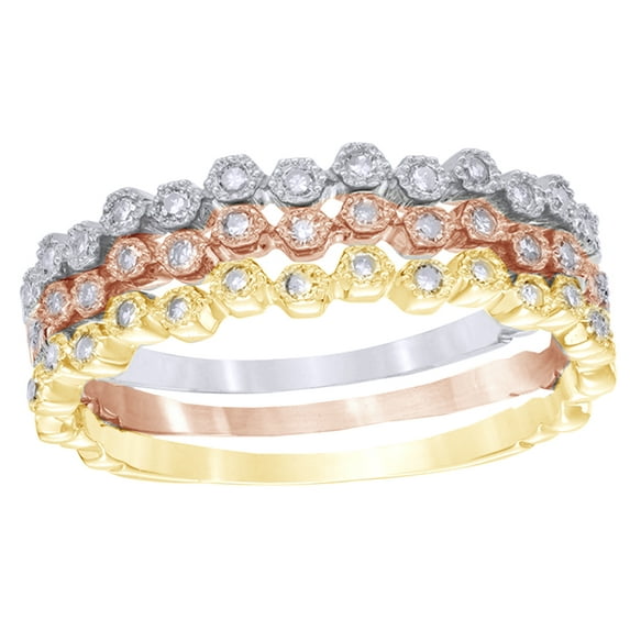 AFFY White Natural Diamond Vintage Style Stackable Three Ring Set in 10K Tri-Tone Yellow Gold