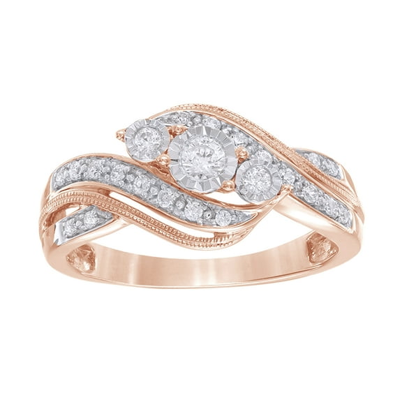 AFFY White Natural Diamond Vintage-Style Three Stone Bypass Promise Ring in 10k Rose Gold