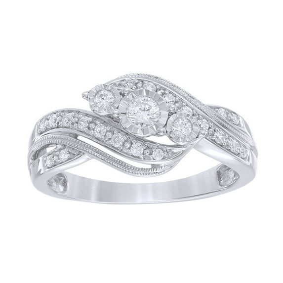 AFFY White Natural Diamond Vintage-Style Three Stone Bypass Promise Ring in 10k White Gold