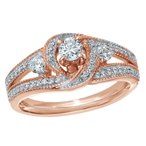 AFFY White Natural Diamond Vintage Style Three Stone Ring in 10K Rose Gold (0.5 cttw)
