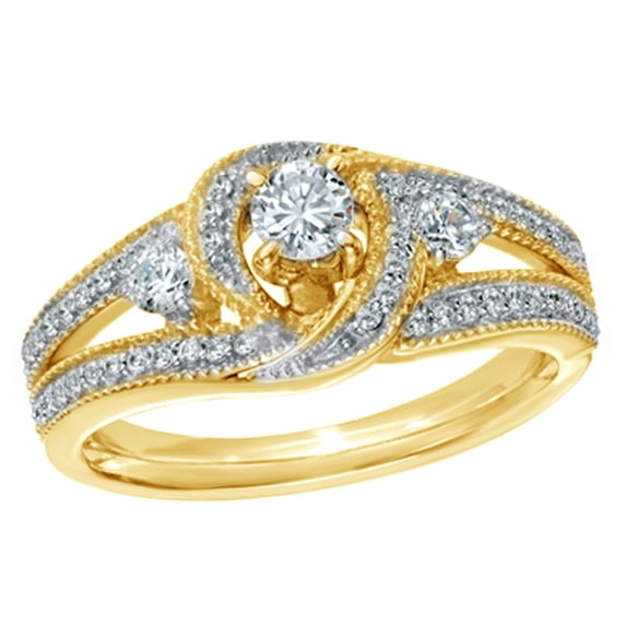 AFFY White Natural Diamond Vintage Style Three Stone Ring in 10K Yellow Gold (0.5 cttw)