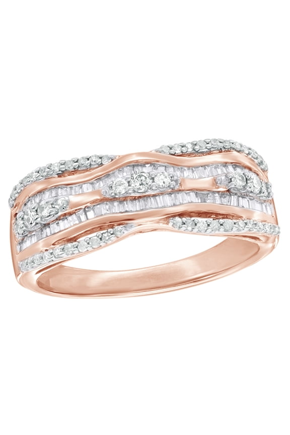 White Natural Diamond Wavy Top Multi Row Ring In 10k Rose Gold