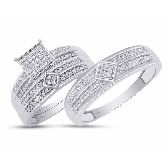 AFFY White Natural Diamond Wedding & Engagement Trio Band Ring Set In 10k White Gold (0.43 Cttw), Ring Size -13.5
