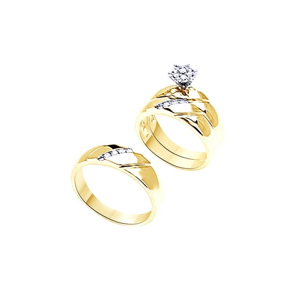 AFFY White Natural Diamond Wedding Ring Trio Set In 14k Yellow Gold