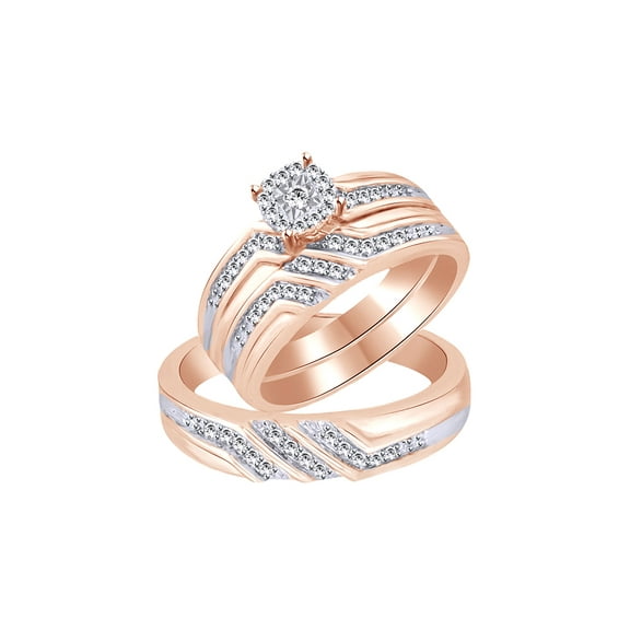 AFFY White Natural Diamond Wedding Trio Band Ring Set In 10k Rose Gold (0.28 Cttw)