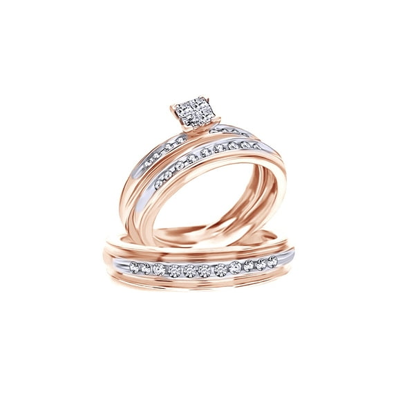 AFFY White Natural Diamond Wedding Trio Band Ring Set In 10k Rose Gold (0.5 Cttw)
