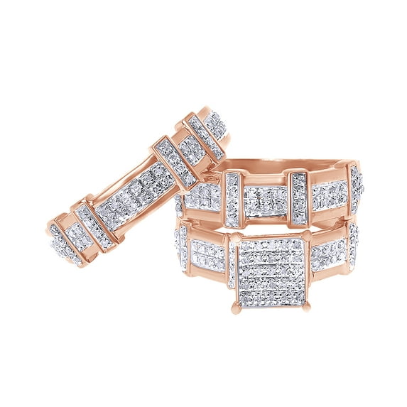 AFFY White Natural Diamond Wedding Trio Band Ring Set In 10k Rose Gold (0.75 Cttw)