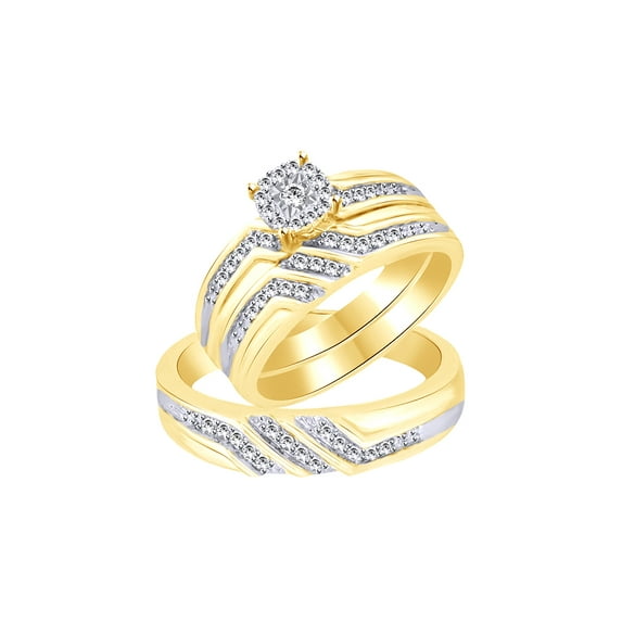 AFFY White Natural Diamond Wedding Trio Band Ring Set In 10k Yellow Gold (0.28 Cttw)