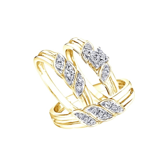 AFFY White Natural Diamond Wedding Trio Bridal Ring Set In 10k Yellow Gold (0.25 Cttw)