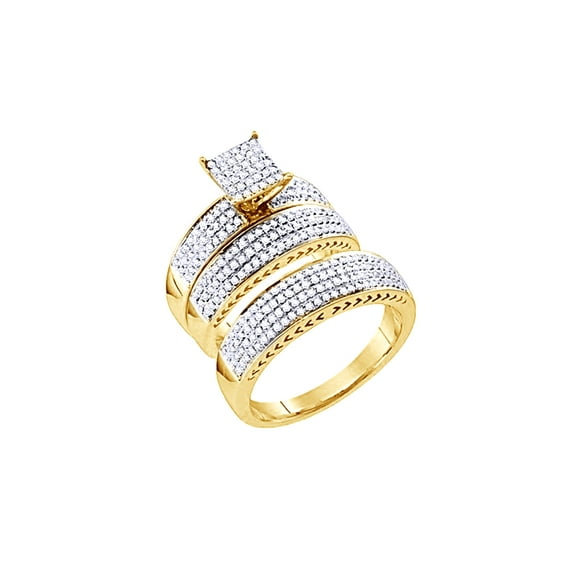 AFFY White Natural Diamond Wedding Trio Bridal Ring Set In 10k Yellow Gold (1 Cttw)