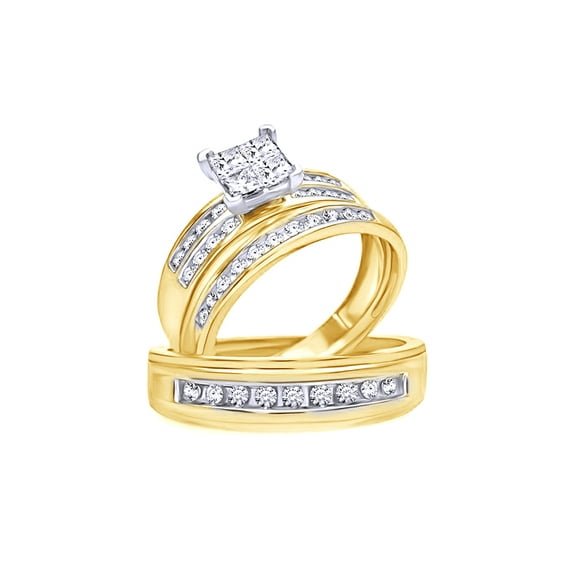 AFFY White Natural Diamond Wedding Trio Bridal Ring Set In 10k Yellow Gold (1 Cttw)