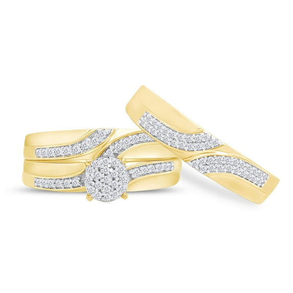 AFFY White Natural Diamond Wedding Trio Bridal Ring Set In 14k Yellow Gold (0.33 Cttw)