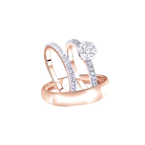 AFFY White Natural Diamond Wedding Trio Ring Set In 10k Rose Gold (0.75 Cttw)
