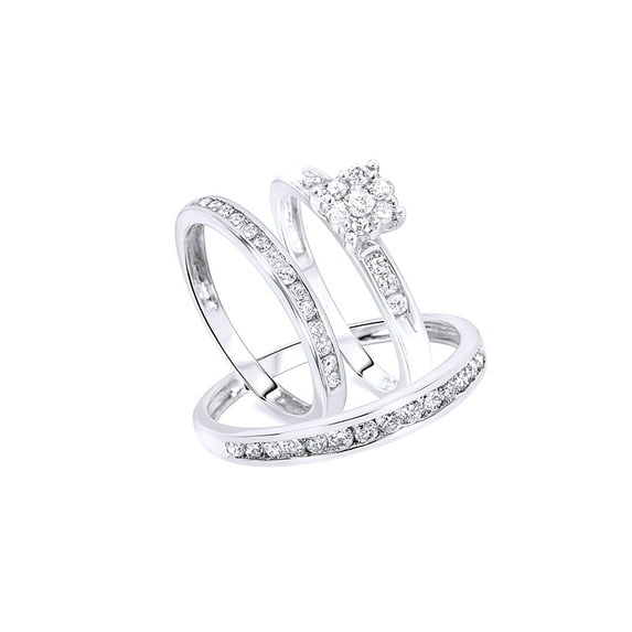 AFFY White Natural Diamond Wedding Trio Ring Set In 10k White Gold (0.75 Cttw)