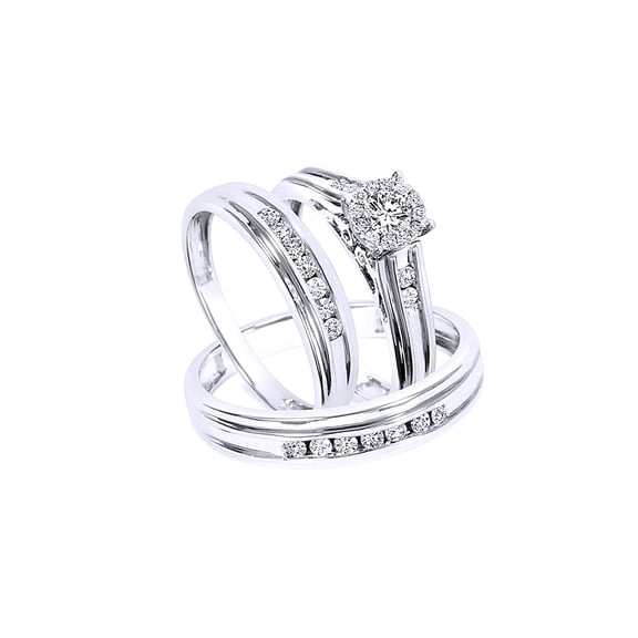 AFFY White Natural Diamond Wedding Trio Ring Set In 10k White Gold (0.75 Cttw)