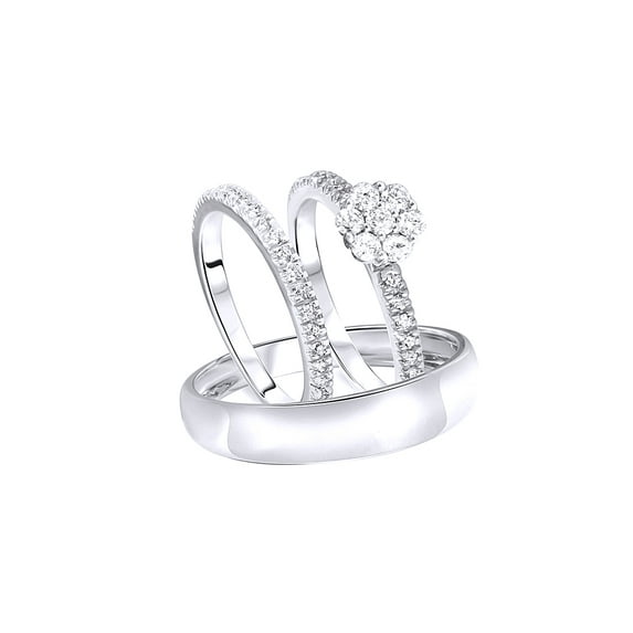 AFFY White Natural Diamond Wedding Trio Ring Set In 10k White Gold (0.75 Cttw)