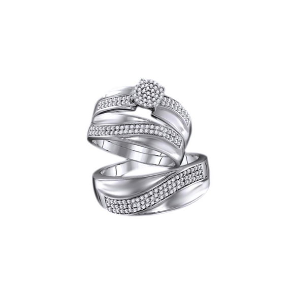 AFFY White Natural Diamond Wedding Trio Ring Set In 14k White Gold (0.25 Cttw)