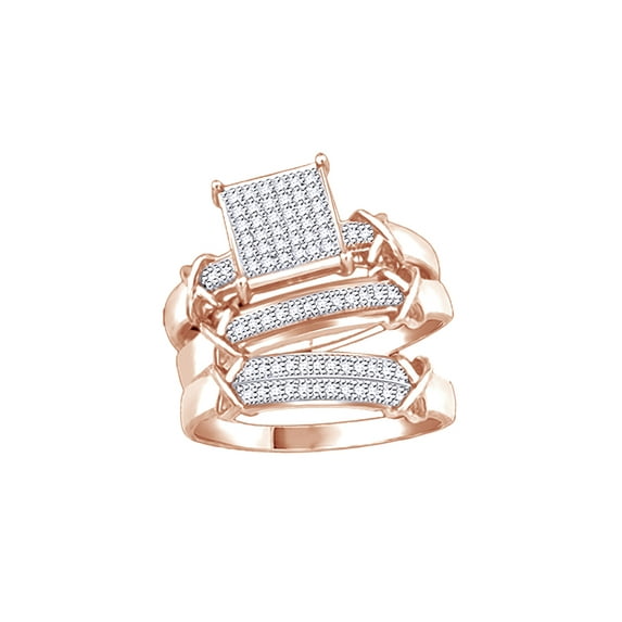 AFFY White Natural Diamond Wedding & Engagement Trio Band Ring Set In 10k Rose Gold (0.25 Cttw)