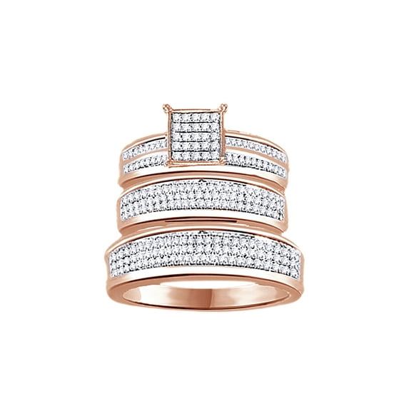 AFFY White Natural Diamond Wedding & Engagement Trio Band Ring Set In 10k Rose Gold (0.5 Cttw)