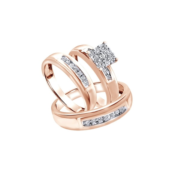 AFFY White Natural Diamond Wedding & Engagement Trio Band Ring Set In 10k Rose Gold (0.5 Cttw)