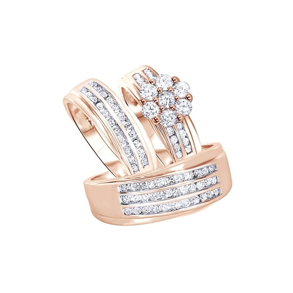 AFFY White Natural Diamond Wedding & Engagement Trio Band Ring Set In 10k Rose Gold (1.63 Cttw)