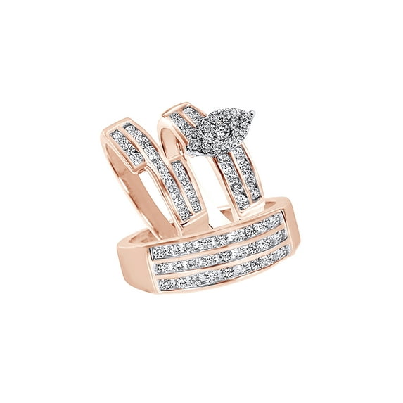 AFFY White Natural Diamond Wedding & Engagement Trio Band Ring Set In 10k Rose Gold (1.75 Cttw)