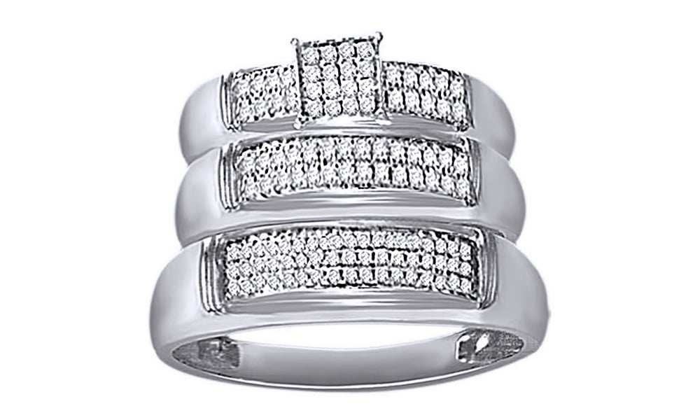 White Natural Diamond Wedding & Engagement Trio Band Ring Set In 10k ...