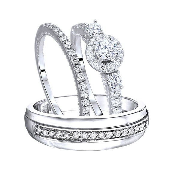 AFFY White Natural Diamond Wedding & Engagement Trio Band Ring Set In 10k White Gold (1.25 Cttw)