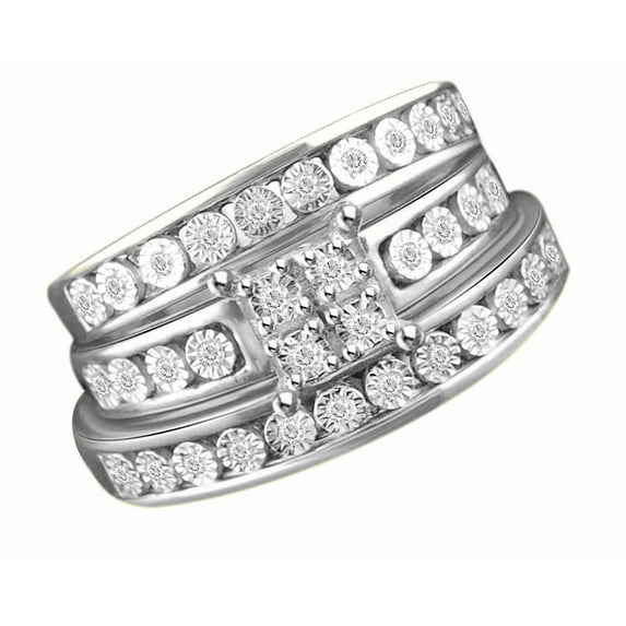AFFY White Natural Diamond Wedding & Engagement Trio Band Ring Set In 14k White Gold Over Sterling Silver (0.17 Cttw)