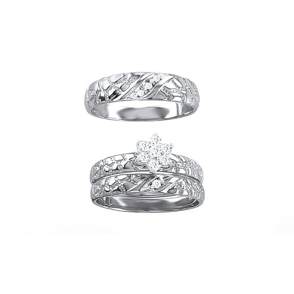 AFFY White Natural Diamond Wedding & Engagement Trio Bridal Ring Set In 10k White Gold (0.15 Cttw)