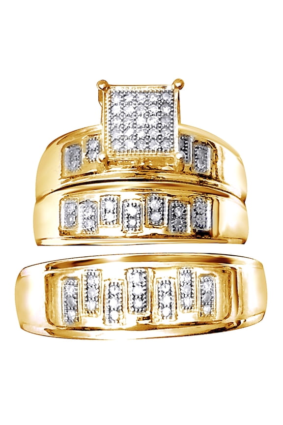 White Natural Diamond Wedding & Engagement Trio Bridal Ring Set In 10k Yellow Gold (0.2 Cttw)
