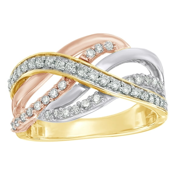 AFFY White Natural Diamond Woven Crossover Ring in 10K Tri-Tone Solid Gold