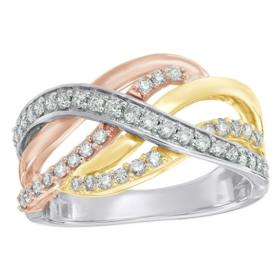 AFFY White Natural Diamond Woven Crossover Ring in 10K Tri-Tone Solid Gold