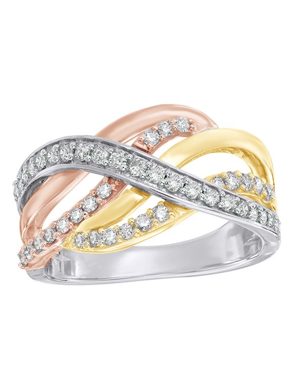 White Natural Diamond Woven Crossover Ring in 10K Tri-Tone Solid Gold