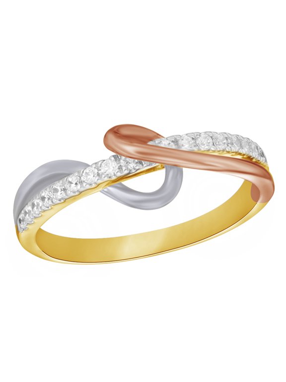White Natural Diamond pass Loop Promise Ring in 10K Tri-Tone Solid Gold