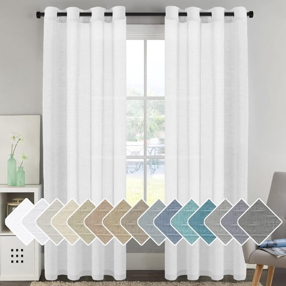 White Natural Linen Curtain Panels Energy Efficient Semi - Sheers Linen Curtains/Nickel Grommet Window Treatments Panels/Drapes (Set of 2, 52 by 96 Inch, Pure White)