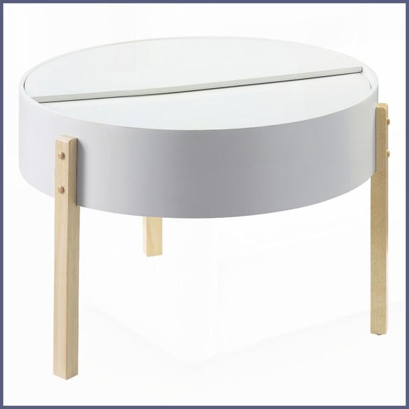White & Natural Round Coffee Table with Hidden Storage for Living Room, Modern Straight-Leg Design