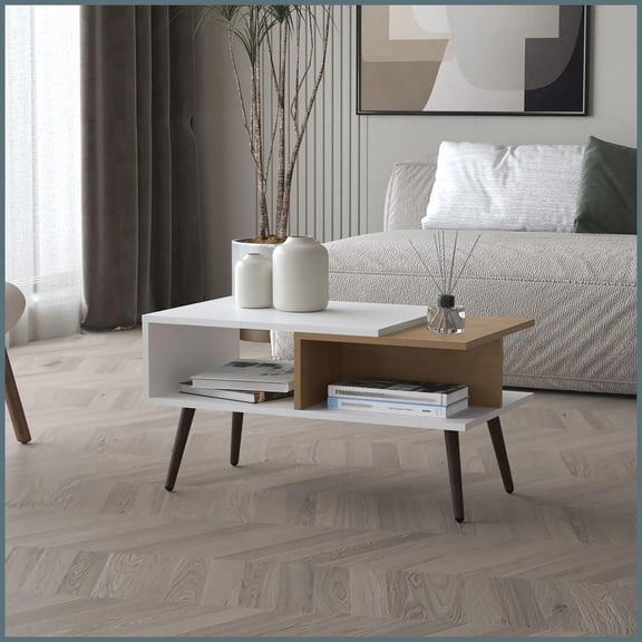 White & Natural Oak Living Room Coffee Table – Open Storage, Stable Conical Legs