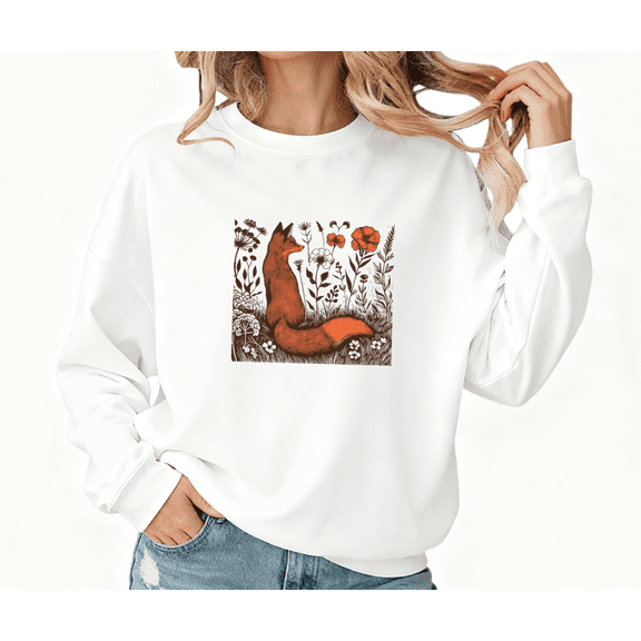 White Nature Lover Fox Wildflower Graphic Sweatshirt Print Sweatshirt S-3XL Tops