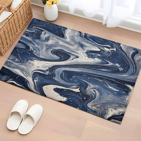 White Navy Blue 2'x3' Washable Rug, Marble Texture Abstract Art Non-Slip Soft Doormat Area Rugs for Entrance Bathroom Bedsides, Front Doormat Carpet for Kitchen Bedroom, Entryway Floor Mat