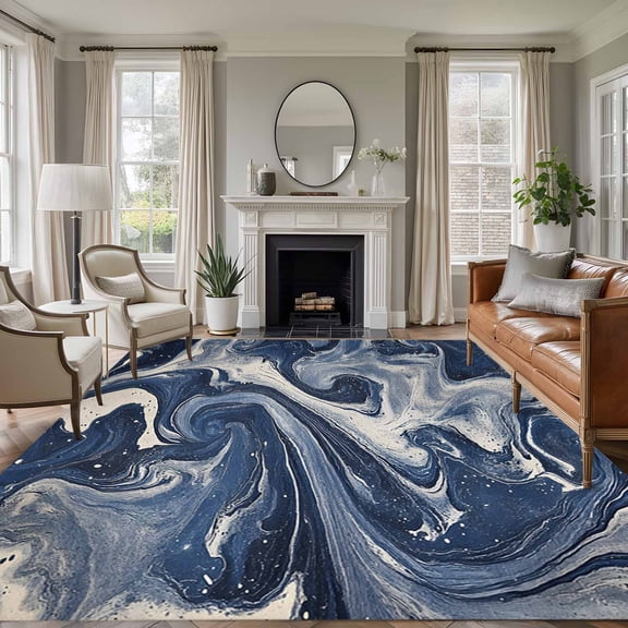 White Navy Blue 6'x9' Area Rug for Living Room, Marble Texture Abstract Art Washable Non-Slip Floor Mat Rugs for Bedroom Dining Room, Indoor Large Carpet for Classroom, Nursery Rugs for Playroom