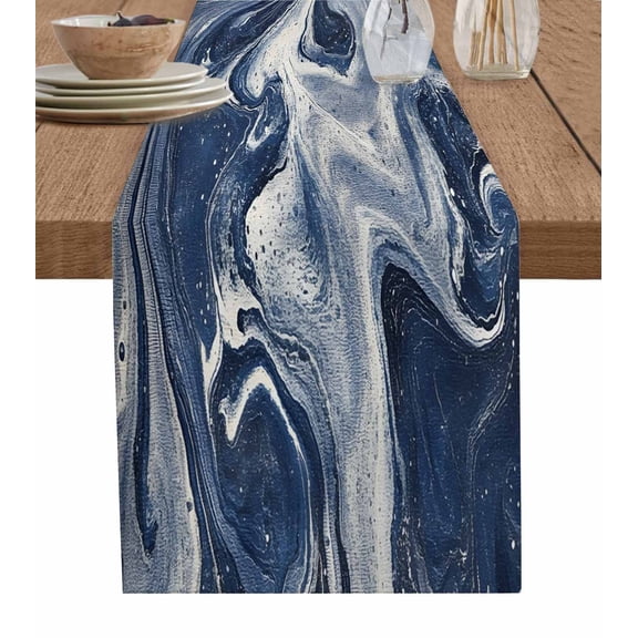 White Navy Blue Burlap Cotton Table Runner 14x72 Inches Long, Marble Texture Abstract Art Farmhouse Table Runners, Outdoor Dining Tablecloths Decor for Baby Shower/Party/Wedding