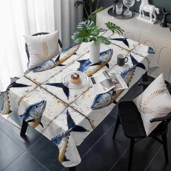 White Navy Blue Fish Table Cloth Waterproof Tablecloths, Retro Animals Summer Coastal Tablecloth Dining Table Cover for Kitchen Party Tabletop Outdoor, Rectangle Tablecloth 60x120 Inch