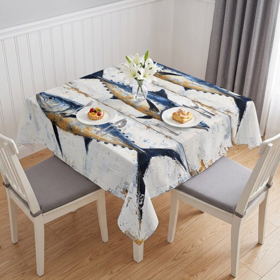 White Navy Blue Fish Table Cloth Waterproof Tablecloths, Retro Animals Summer Coastal Tablecloth Dining Table Cover for Kitchen Party Tabletop Outdoor, Square Tablecloth 54x54 Inch