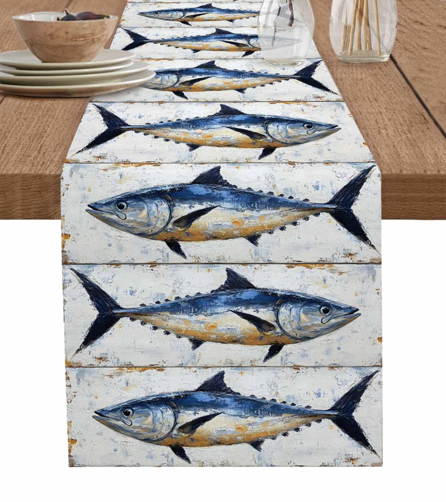 White Navy Blue Fish Table Runner 90 Inches, Retro Animals Summer ...